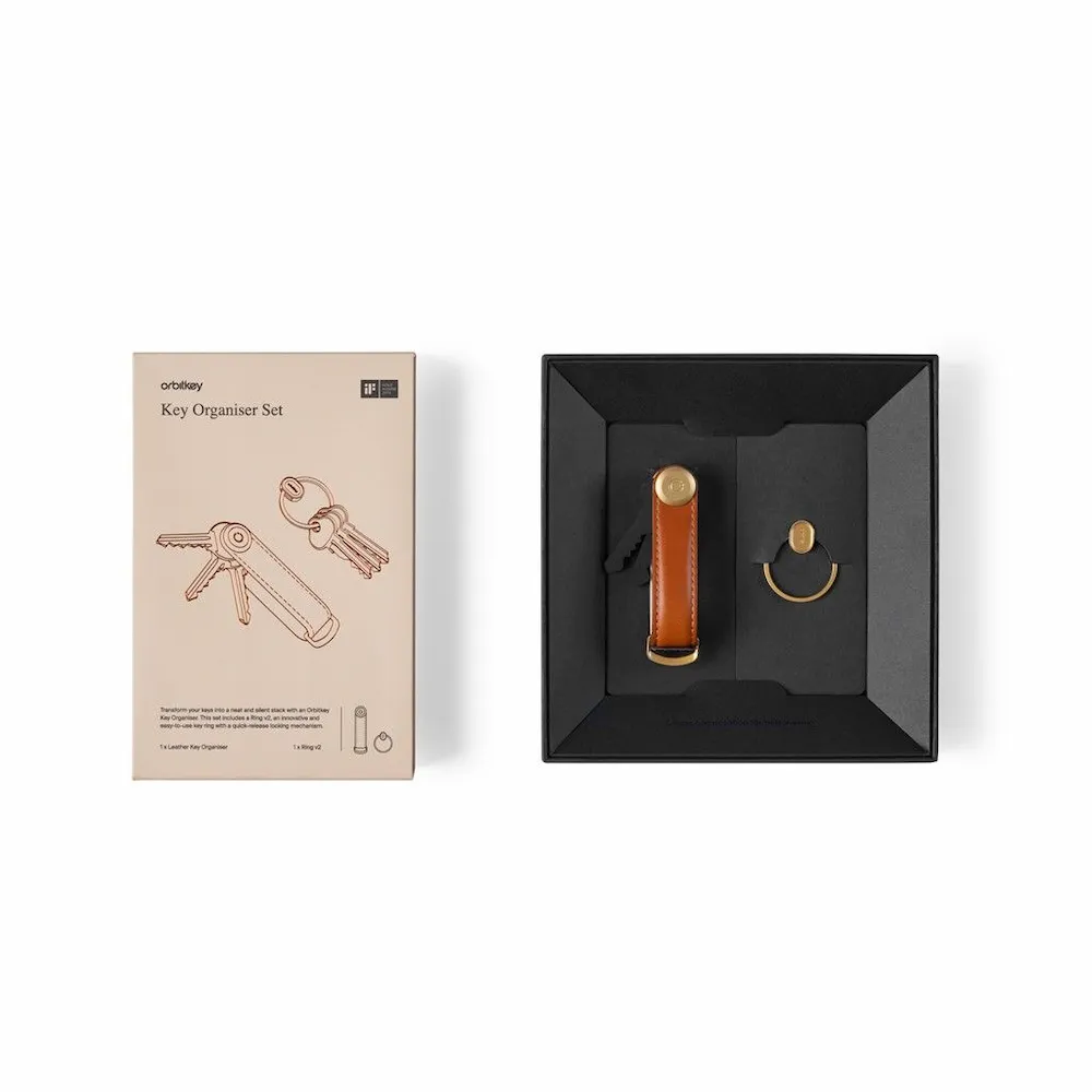 Coffret cadeau Orbitkey - Organiseur de clés en cuir - Cognac avec anneau doré