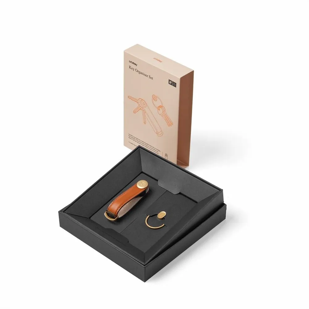 Coffret cadeau Orbitkey - Organiseur de clés en cuir - Cognac avec anneau doré